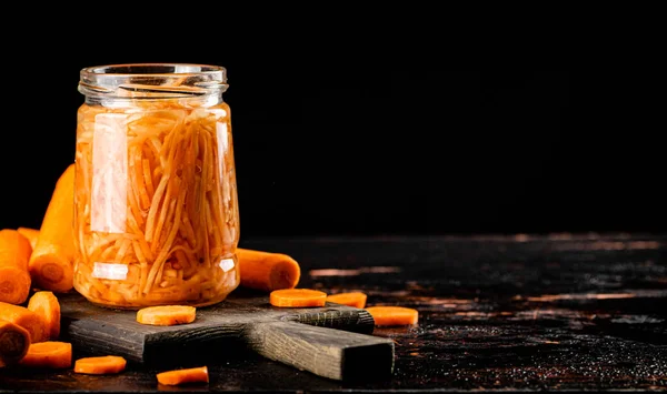 Canned Carrots Glass Jar Black Background High Quality Photo — Stok Foto