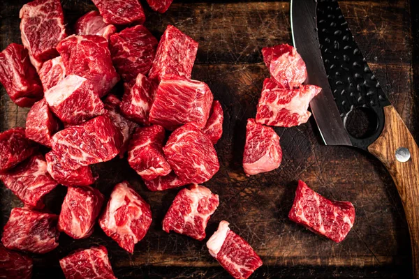 Raw Pieces Beef Cutting Board Knife Rustic Dark Background High Stock Kép