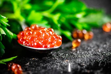 A spoonful of red caviar with parsley. On a black background. High quality photo