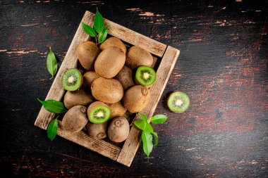 Fragrant kiwi with leaves on tray. On a rustic dark background. High quality photo