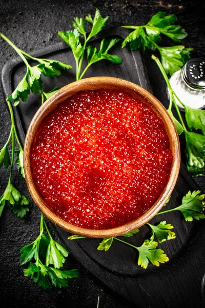 Red Caviar Plate Cutting Board Parsley Black Background High Quality — Fotografia de Stock