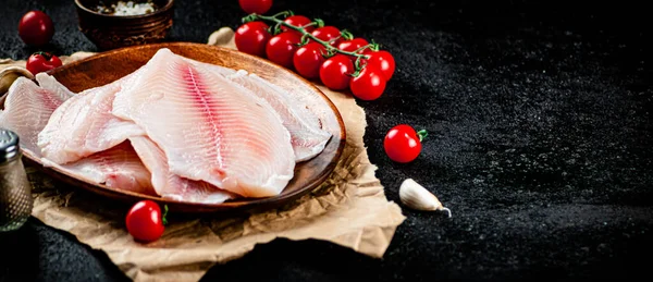 Fresh Fish Fillet Wooden Plate Black Background High Quality Photo Stock Fotó