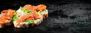A flavorful salmon sandwich on the table. On a black background. High quality photo