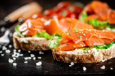 Salmon sandwich on the table with tomatoes and salt. On a rustic dark background. High quality photo