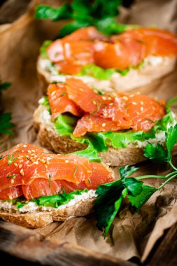 Salmon sandwich on paper. Macro background. High quality photo