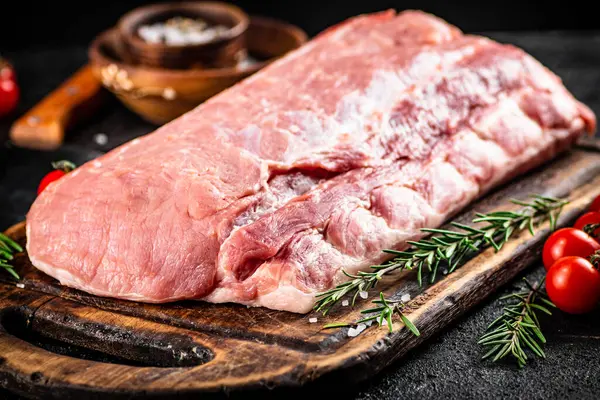 Fresh Raw Pork Cutting Board Rosemary Black Background High Quality — Stockfoto
