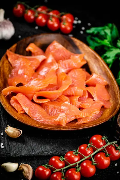 Salted Salmon Wooden Plate Greens Black Background High Quality Photo — Foto Stock