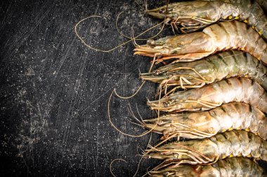 Fresh uncooked raw shrimp. On a black background. High quality photo