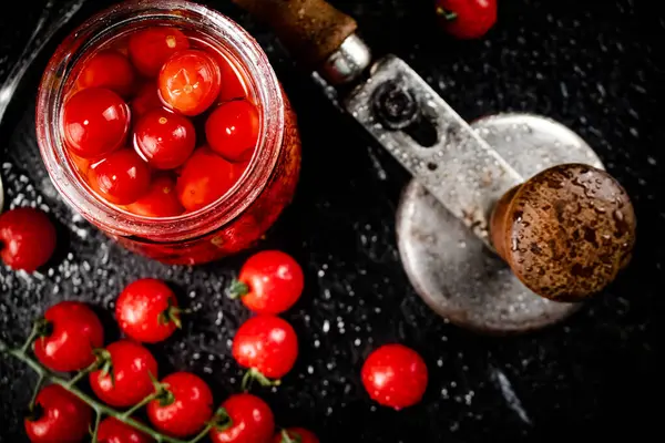 Pickled Tomatoes Jar Stone Board Black Background High Quality Photo — 스톡 사진