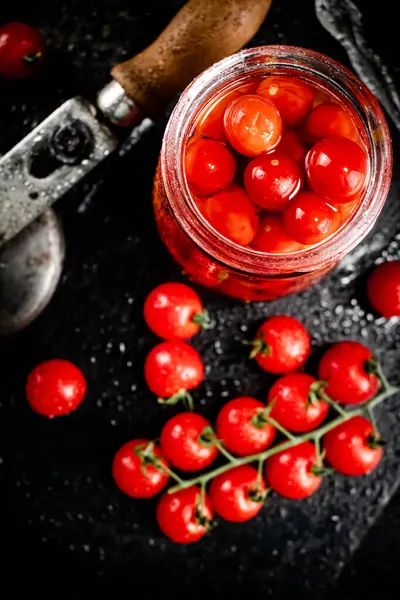 Pickled Tomatoes Jar Stone Board Black Background High Quality Photo — 스톡 사진