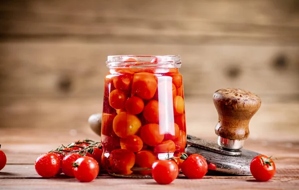 Pickled Ripe Tomatoes Glass Jar Wooden Background High Quality Photo — 스톡 사진
