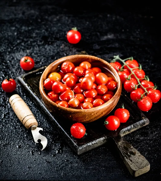 Pickling Ripe Homemade Tomatoes Table Black Background High Quality Photo — 스톡 사진
