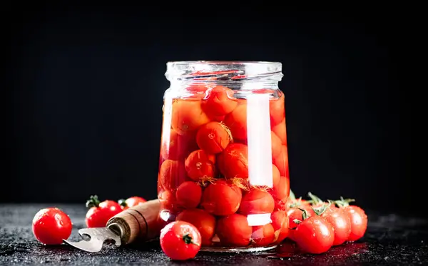 Pickled Tomatoes Glass Jar Table Black Background High Quality Photo — 스톡 사진