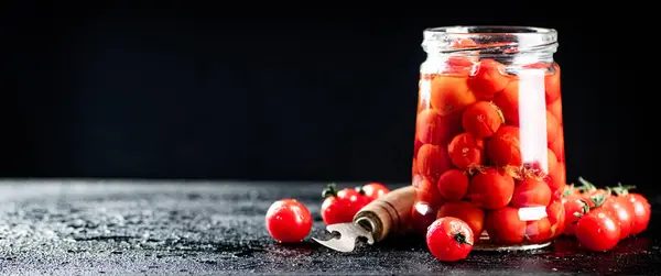 Pickled Tomatoes Glass Jar Table Black Background High Quality Photo — 스톡 사진