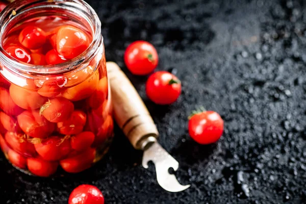 Pickled Tomatoes Glass Jar Table Black Background High Quality Photo — Stockfoto