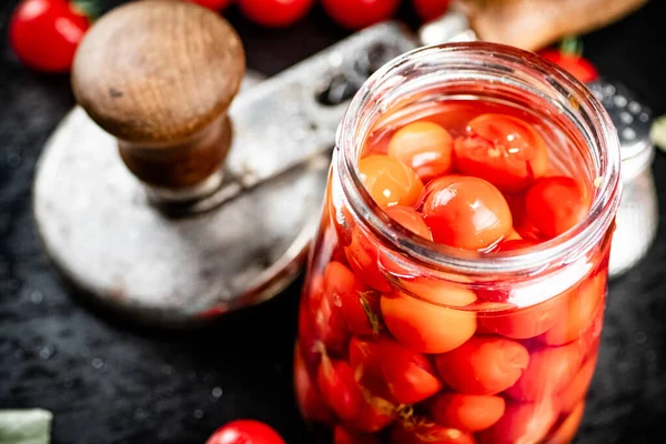 Pickled Tomatoes Glass Jar Table Black Background High Quality Photo — 스톡 사진