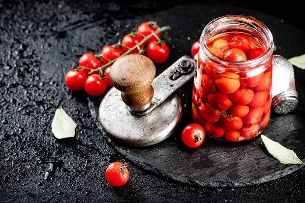 Stone Board Pickled Tomatoes Jar Black Background High Quality Photo — 스톡 사진