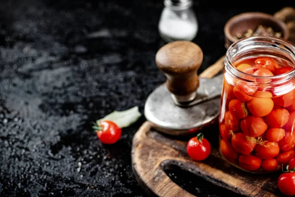 Pickled Tomatoes Glass Jar Cutting Board Black Background High Quality — 스톡 사진