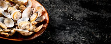 Vongole in a plate on the table. On a black background. High quality photo