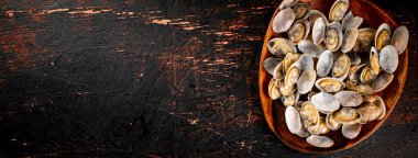 A wooden plate full of fresh vongole. Against a dark background. High quality photo