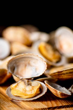 Vongole on a wooden cutting board. Against a dark background. High quality photo