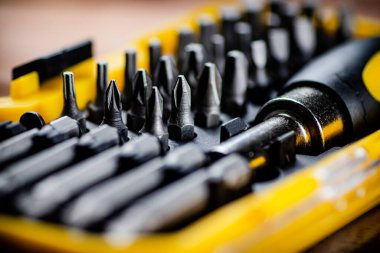 Set of construction bits. Macro background. High quality photo