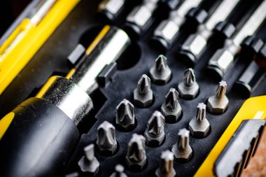 Set of construction bits. Macro background. High quality photo