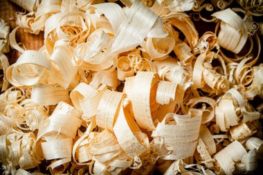 A bunch of wooden shavings. Macro background. High quality photo