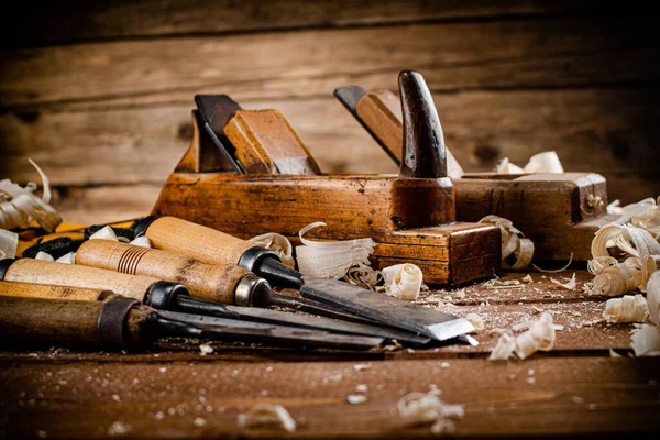 Various Working Tools Wood Table Wooden Background High Quality Photo — Stockfoto