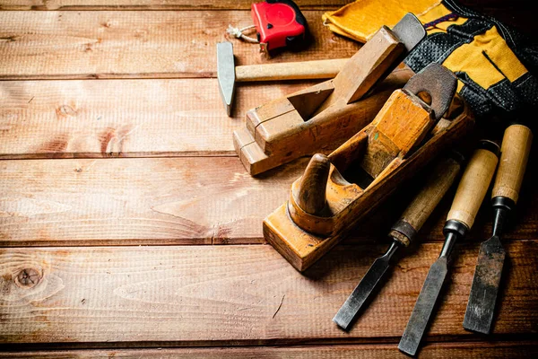 Various Working Tools Wood Table Wooden Background High Quality Photo — Foto Stock