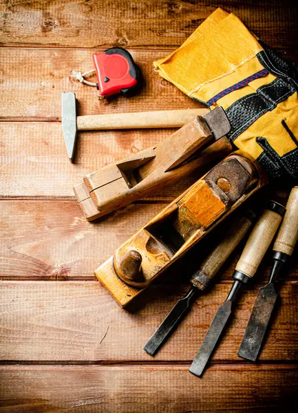 Various Working Tools Wood Table Wooden Background High Quality Photo — Fotografia de Stock