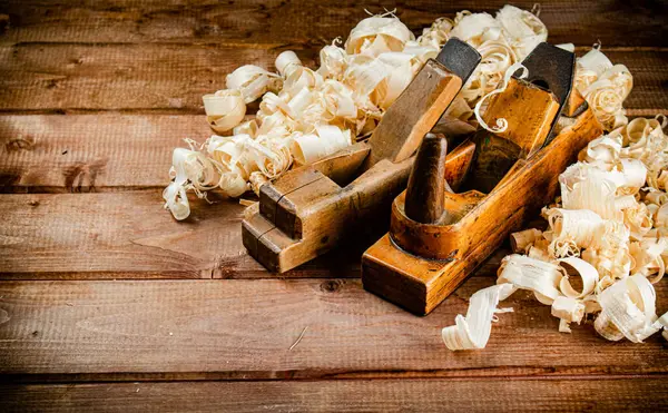 Hand Planer Wooden Sawdust Wooden Background High Quality Photo — Stockfoto