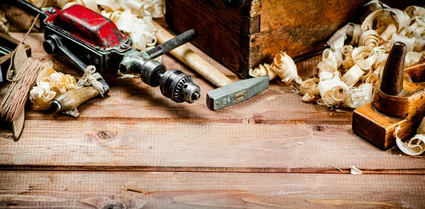 Various Working Tools Wood Table Wooden Background High Quality Photo — стоковое фото