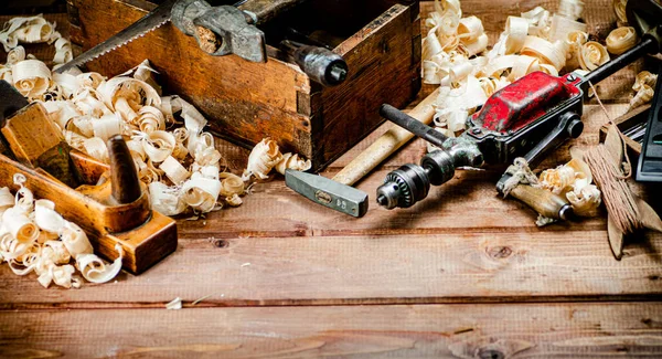 Various Working Tools Wood Table Wooden Background High Quality Photo — Φωτογραφία Αρχείου