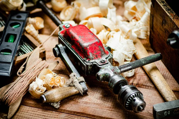 Various Working Tools Wood Table Wooden Background High Quality Photo — 스톡 사진