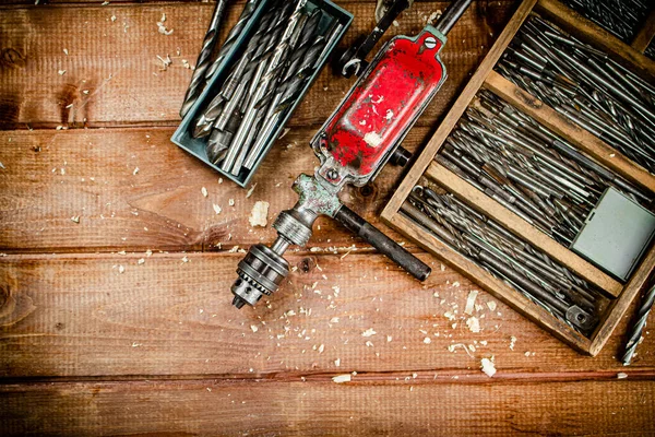 Hand Drill Various Drills Wooden Background High Quality Photo — 스톡 사진