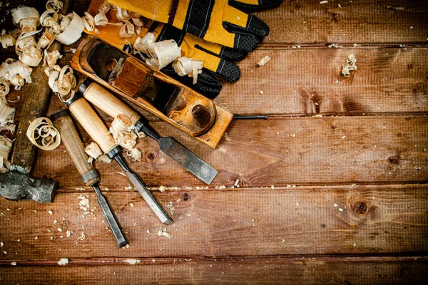 Working Tool Wood Sawdust Wooden Background High Quality Photo — Fotografia de Stock