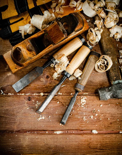 Working Tool Wood Sawdust Wooden Background High Quality Photo — Stockfoto