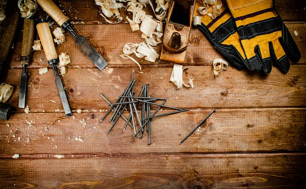 Construction Nails Table Wooden Background High Quality Photo — Fotografia de Stock
