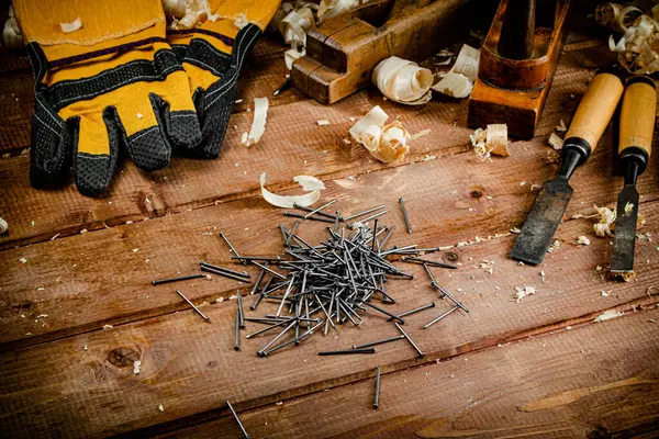 Construction Nails Table Wooden Background High Quality Photo — Fotografia de Stock