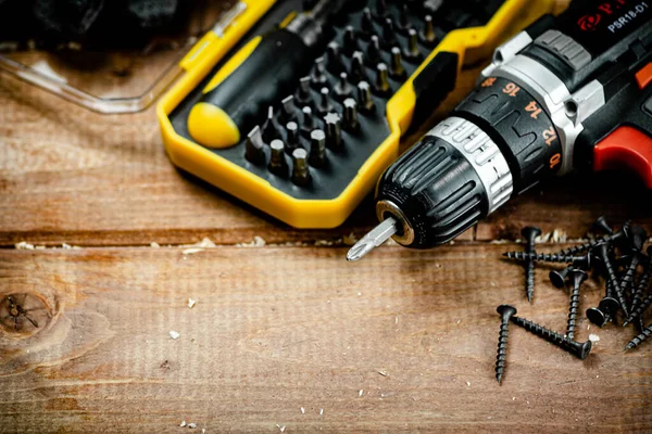 Working Tools Screwdriver Bits Wooden Background High Quality Photo — Foto Stock