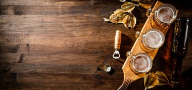 Kurutulmuş balıklı bir bardak bira. Tahtada..