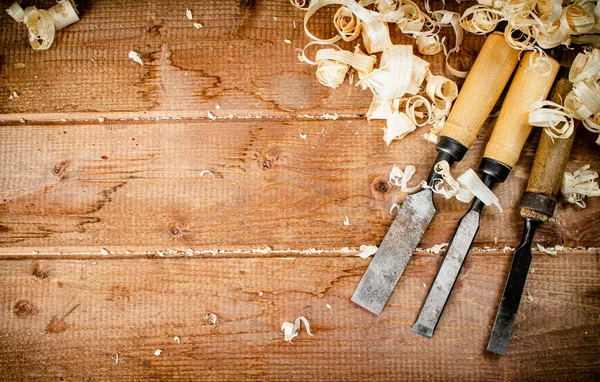 Chisels Wooden Shavings Wooden Background High Quality Photo — Φωτογραφία Αρχείου