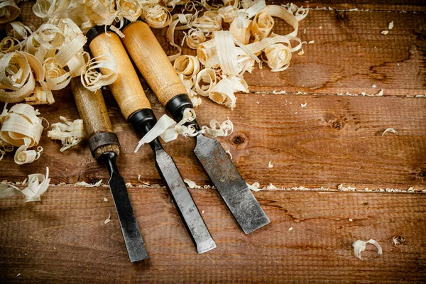 Chisels Wooden Shavings Wooden Background High Quality Photo Zdjęcie Stockowe
