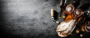 Kurutulmuş balıklı bira. Kırsal arkaplanda.