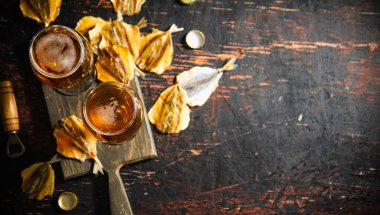 Bira ve kurutulmuş balık. Kırsal arkaplanda.