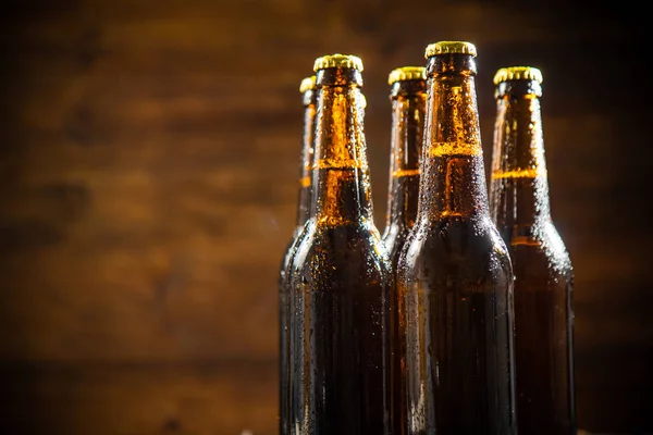 Stock image Fresh beer in closed bottles. On rustic background.