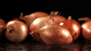 Soğan masaya düştü. Film, yavaş çekim 1000 fp. Yüksek kaliteli FullHD görüntüler