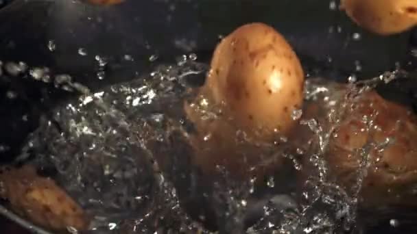 Kartoffeln Fallen Die Pfanne Gefilmt Wird Zeitlupe 1000 Fps Hochwertiges — Stockvideo