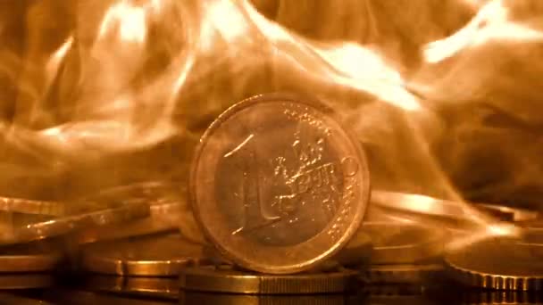 Євро Монети Вогні Фільмований Повільний Рух 1000 Кадрів Високоякісні Кадри — стокове відео
